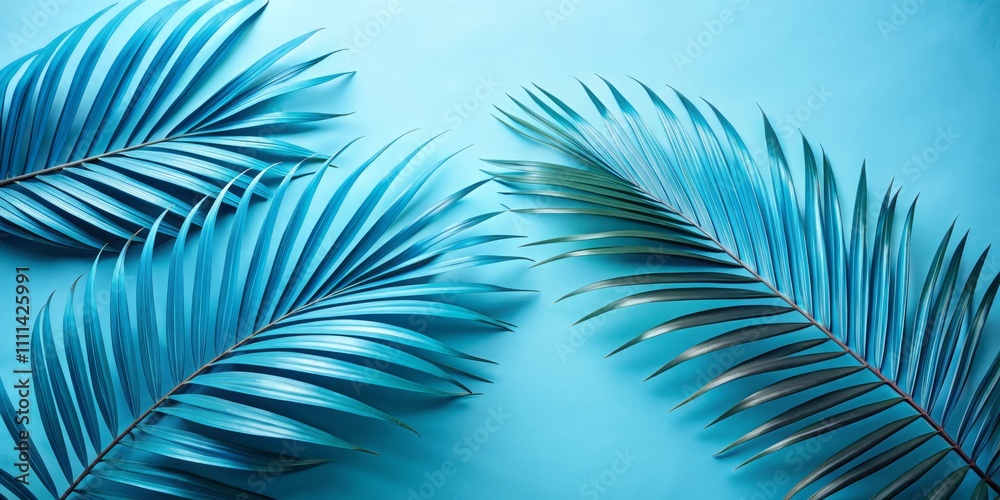 Fototapeta premium Aesthetic Aerial Photography of Three Blue Palm Leaves on Light Blue Background for Nature and Design Inspiration in Modern Decor and Wallpaper
