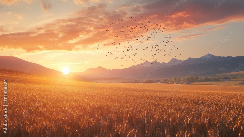 Obraz premium Golden Wheat Field at Sunset with Flying Birds