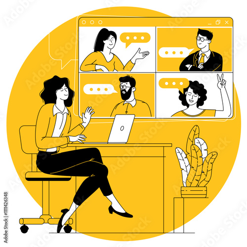 The image depicts a video conference, highlighting virtual meeting, remote work, and online collaboration. It shows a business communication scenario with a team engaged in a digital meeting, facilita