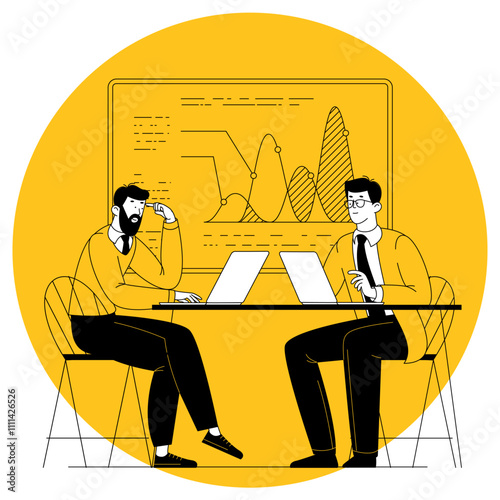 The image depicts an office meeting where two individuals are engaged in a business discussion. The background shows a screen with data analysis charts, indicating a focus on professional and collabor