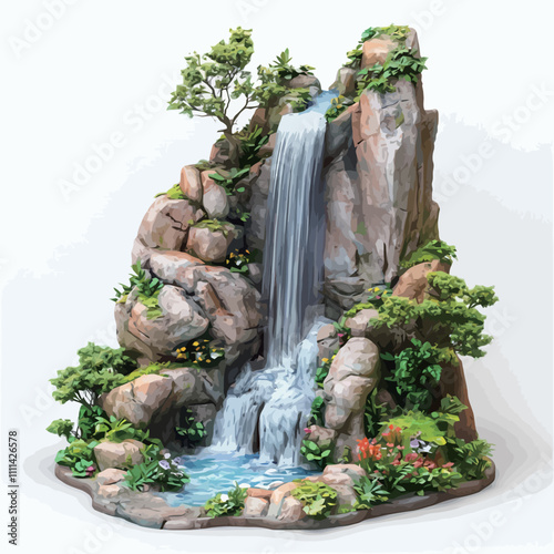 Waterfall in the garden on a white background. 3d rendering.eps