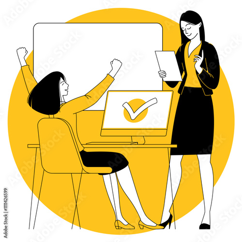 The illustration depicts an office scene where two colleagues are interacting. One is celebrating with arms raised, likely due to work completion, project completion, or goal achievement. The presence