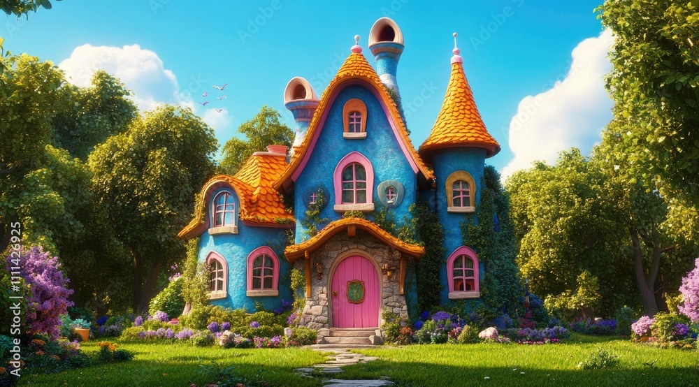 Colorful cartoon house in the park, with green grass and trees surrounding it. Colorful cartoon house in the park, with green grass and trees surrounding it.