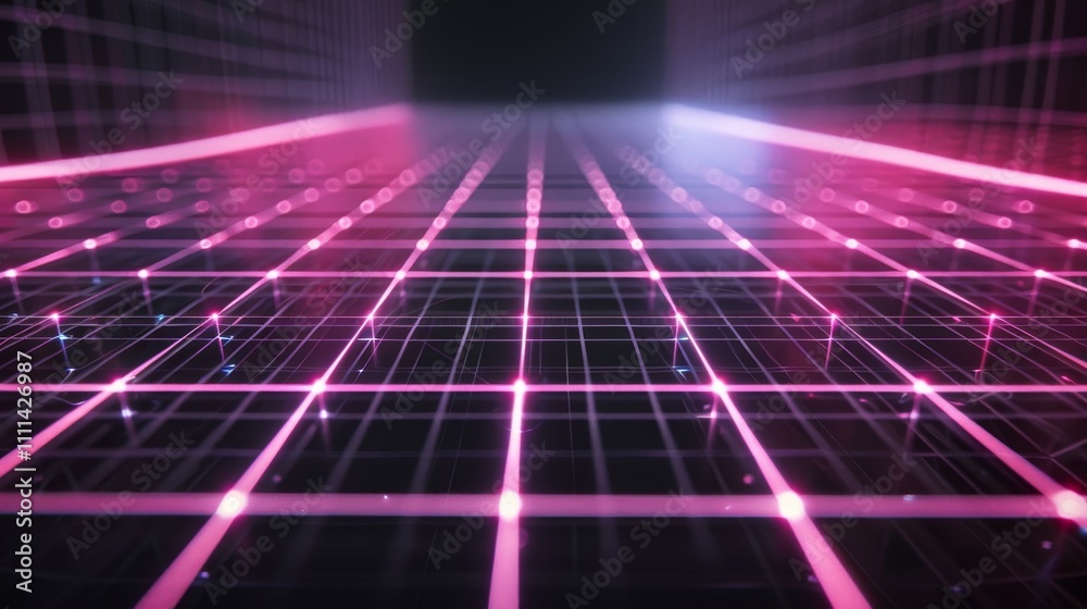 Pink and blue lights illuminating grid lines creating digital tunnel effect in futuristic cyberspace Pink and blue lights illuminating grid lines creating digital tunnel effect in futuristic cyberspace