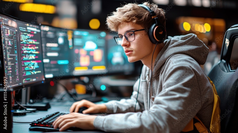 Focused Young Male Gamer Engaged in Digital Game Development Focused Young Male Gamer Engaged in Digital Game Development