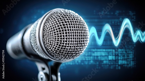 Microphone with Sound Waves Visualization on Digital Background