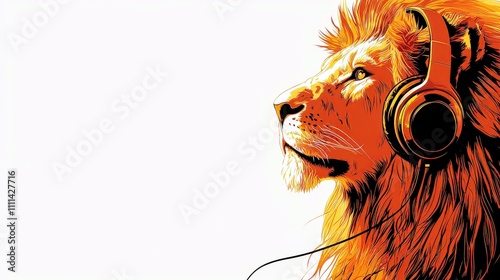 Vibrant Lion Illustration with Headphones for Music Lovers Design photo