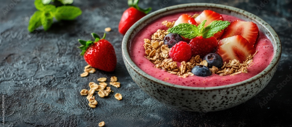 A bowl of smoothie topped with fresh berries, granola and mint. A bowl of smoothie topped with fresh berries, granola and mint.