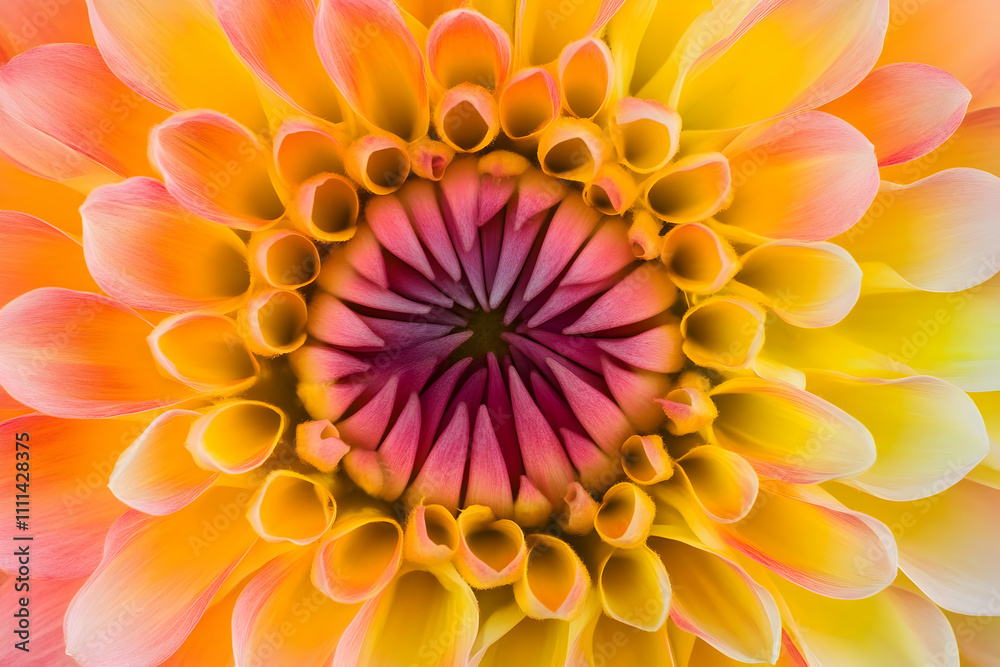 A vibrant flower with intricate petals in shades of pink, orange, and yellow. A vibrant flower with intricate petals in shades of pink, orange, and yellow.