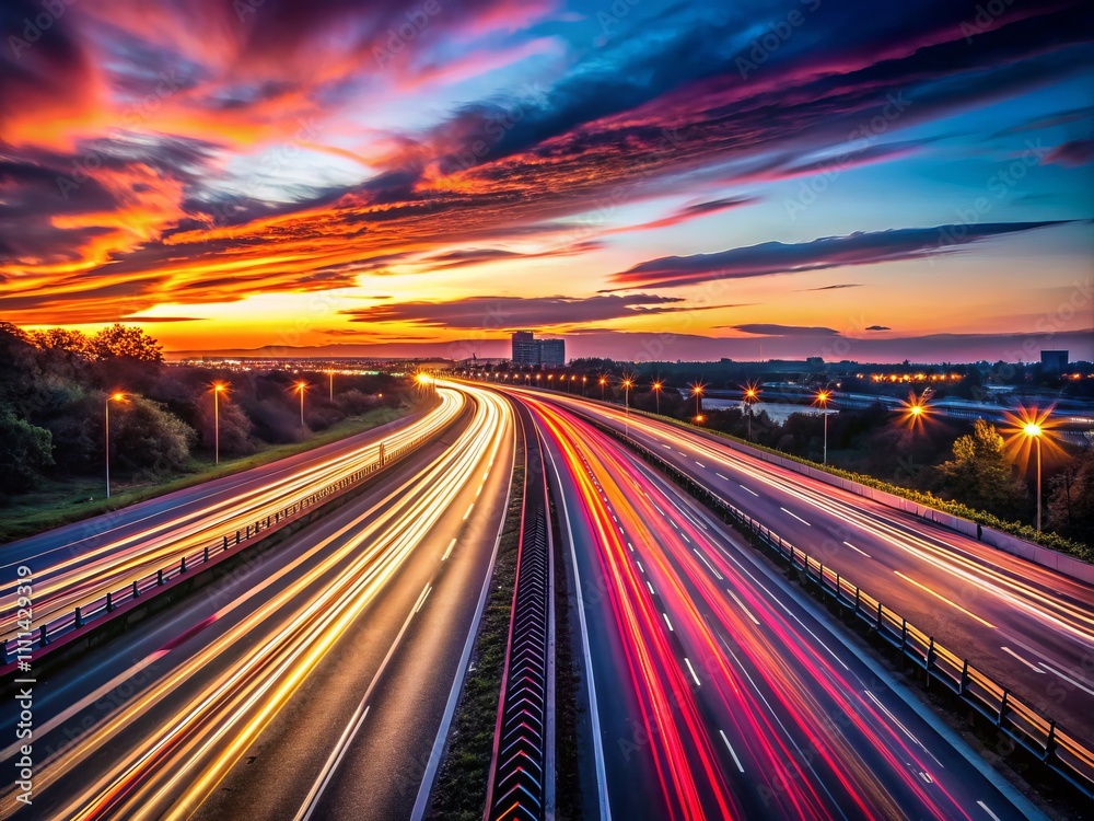 Captivating Long Exposure of Speeding Traffic at Sundown on a Motorway, Showcasing Light Trails Against an Urban Night Sky Background