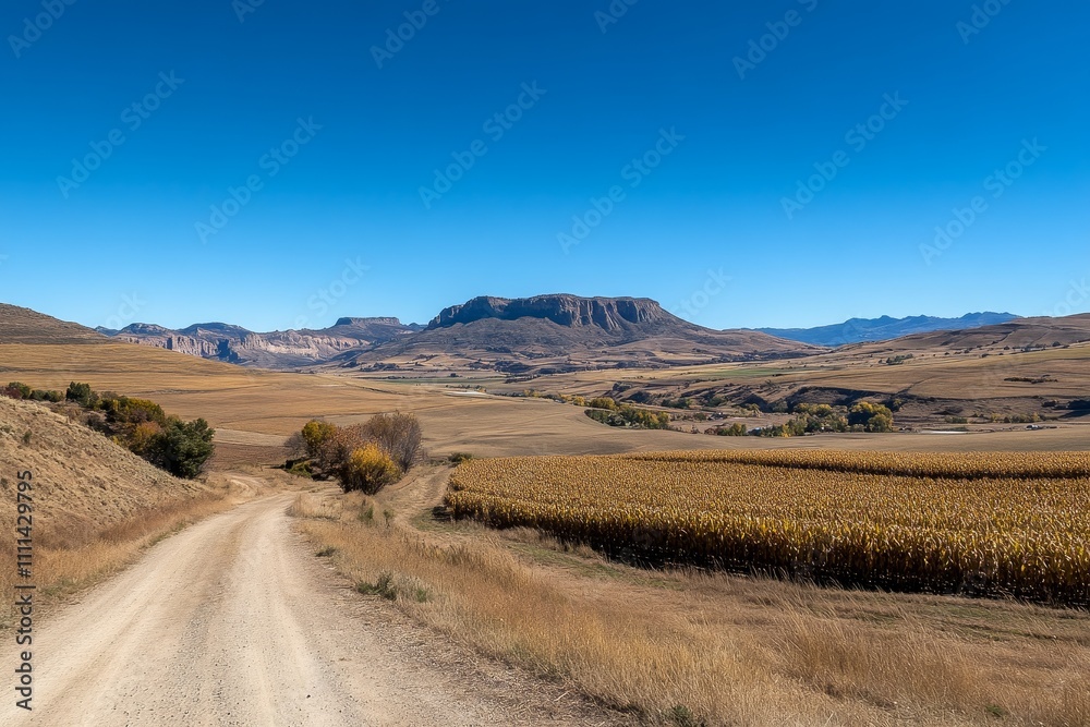 Scenic Dirt Road Leading Through Golden Fields Under a Clear Blue Sky with Majestic Mountains in the Background, Capturing the Essence of Rural Beauty and Nature’s Splendor Scenic Dirt Road Leading Through Golden Fields Under a Clear Blue Sky with Majestic Mountains in the Background, Capturing the Essence of Rural Beauty and Nature’s Splendor