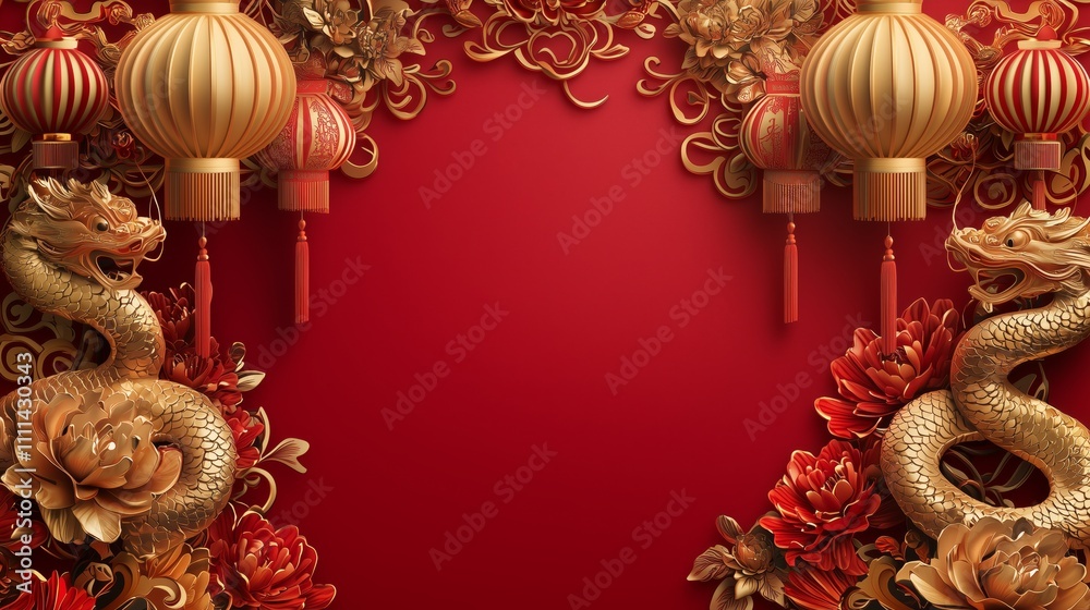 Golden Dragons and Lanterns on Red Floral Background Golden Dragons and Lanterns on Red Floral Background