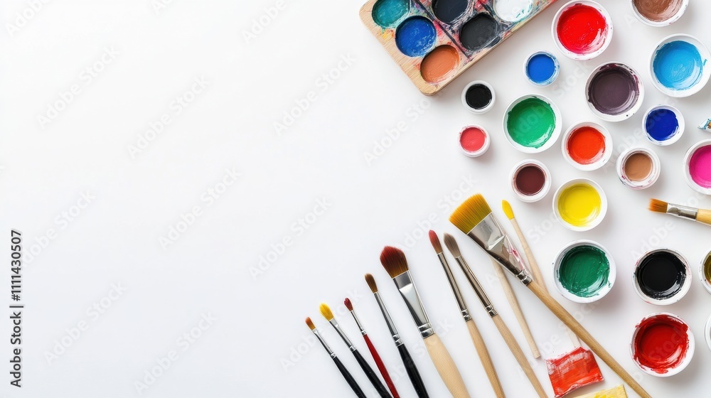 Naklejka premium Various hobby and DIY tools are neatly arranged, highlighting brushes, scissors, glue, and vibrant acrylic paints against a clean white backdrop. Generative AI