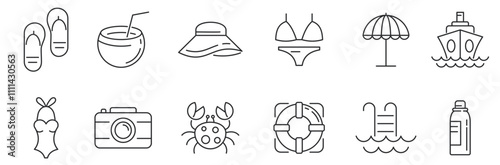 Set of outline icons related to beach. Linear icon collection. Editable stroke. Vector illustration photo