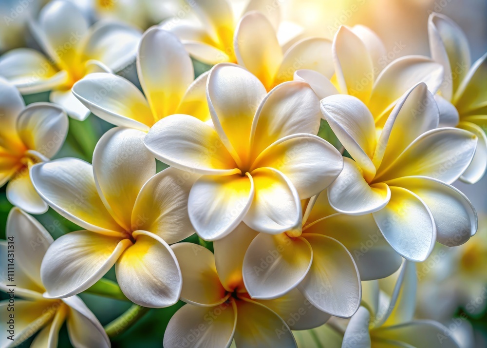 Fototapeta premium Close-up of Delicate White Plumeria Flowers with Yellow Centers on a Soft Light Background, Capturing the Essence of Tropical Beauty in Conceptual Photography
