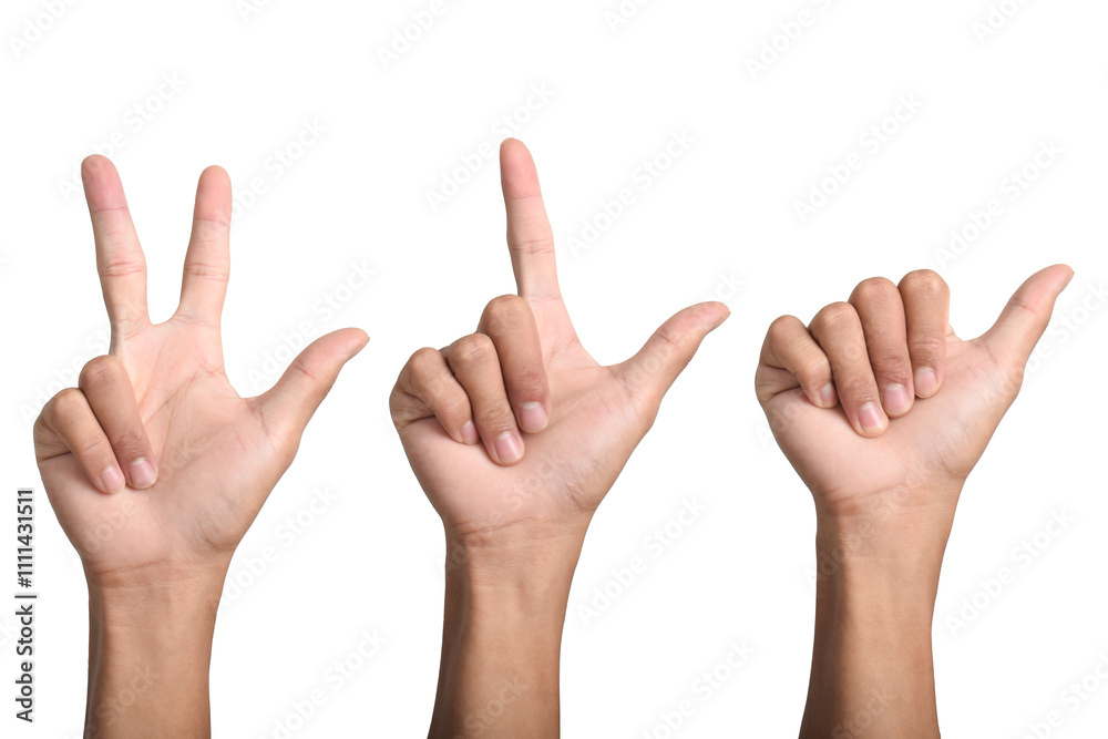Set of number 1 2 3 with hand sign isolated on white background Set of number 1 2 3 with hand sign isolated on white background