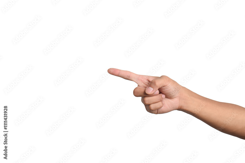 Hand pointing gesture isolated on white background. Man pointing on virtual object with forefinger Hand pointing gesture isolated on white background. Man pointing on virtual object with forefinger