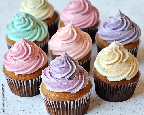 A charming arrangement of cupcakes with pastel frosting and edible glitter