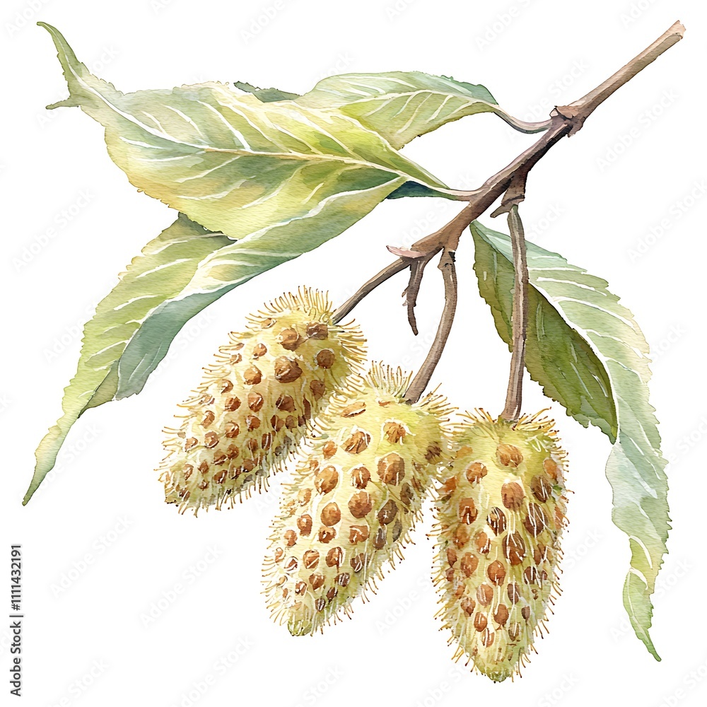 Obraz premium Watercolor Painting of a Branch with Three Yellow-Green Seed Pods and Leaves.