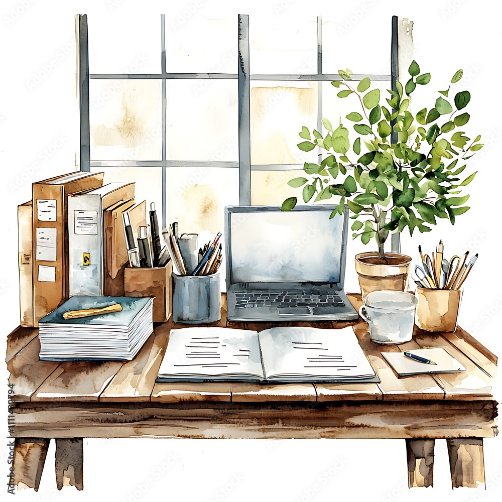 Fototapeta premium Watercolor Painting of a Cozy Workspace with Laptop, Books, and Plants Near a Window.