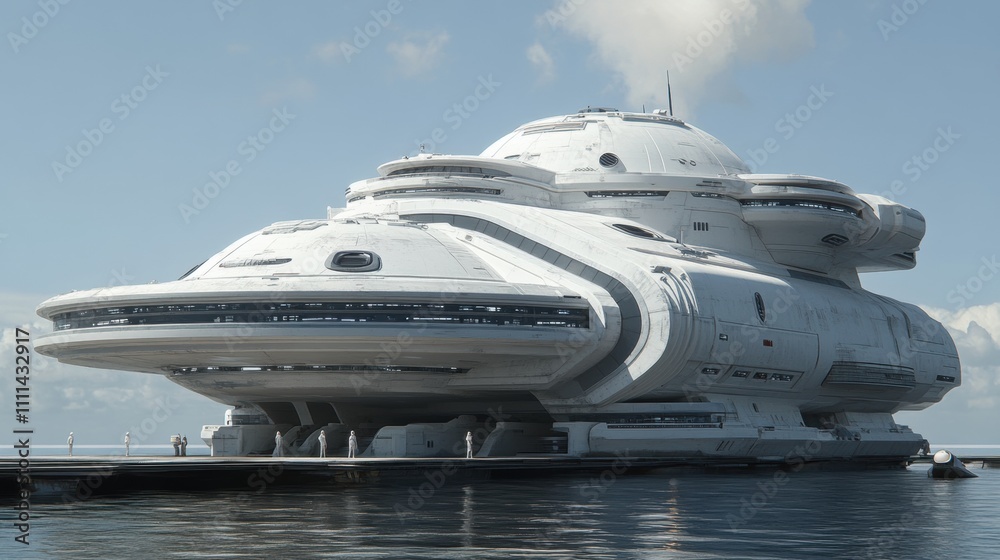 Futuristic Spaceship Docked at a Serene Waterway with Reflection and Cloudy Sky, Showcasing Advanced Technology and Sleek Design in a Sci-Fi Environment Futuristic Spaceship Docked at a Serene Waterway with Reflection and Cloudy Sky, Showcasing Advanced Technology and Sleek Design in a Sci-Fi Environment