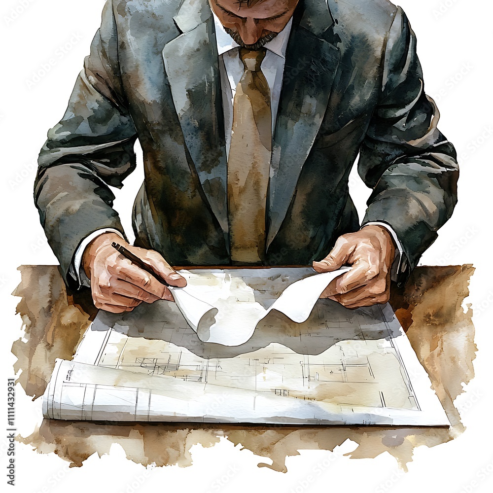 Architect reviewing blueprints, watercolor painting style. Architect reviewing blueprints, watercolor painting style.