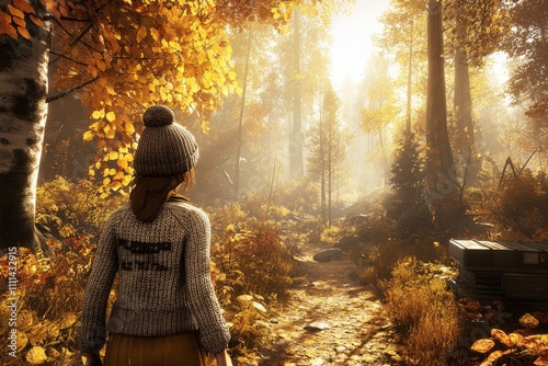 Serene Autumn Walk: A Young Girl in Cozy Sweater Strolls Through a Golden Forest with Vibrant Foliage, Sunbeams, and a Sense of Tranquility in Nature