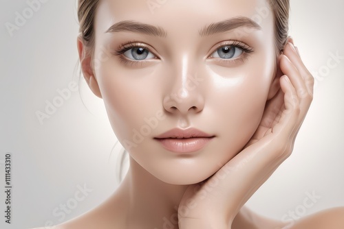 Close-up portrait of a young woman with flawless skin and subtle makeup, her hand gently resting on her cheek.