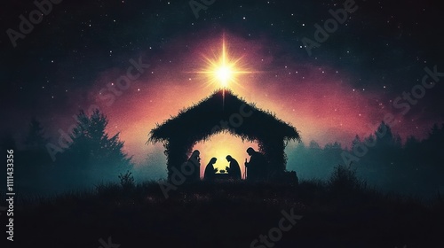 Minimalist Nativity Scene Silhouette of Holy Family in Stable with Starry Night Background