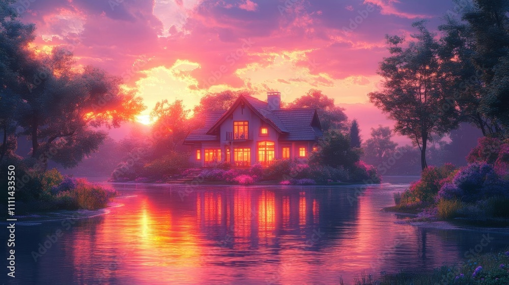 Breathtaking Pink and Purple Sunset Over a Tranquil Lake with a Cozy Lakeside House Breathtaking Pink and Purple Sunset Over a Tranquil Lake with a Cozy Lakeside House