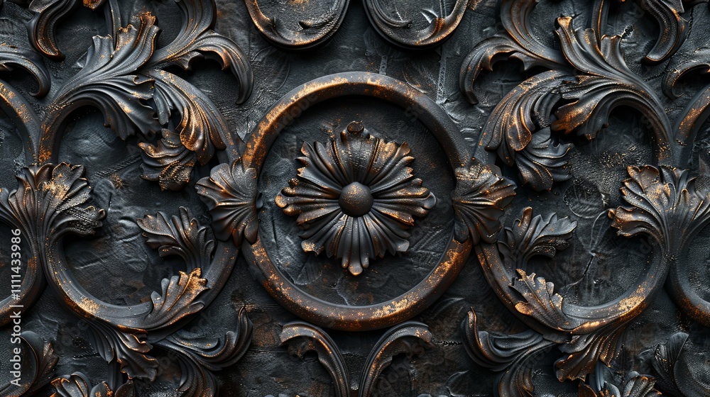 Dark Bronze Ornate Panel with Floral and Circular Designs Dark Bronze Ornate Panel with Floral and Circular Designs