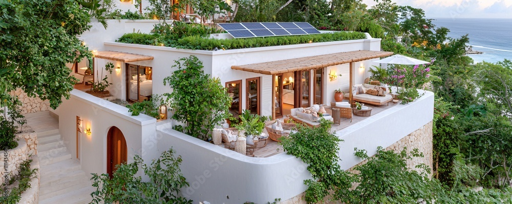 Fototapeta premium House style modern exterior concept. Modern villa surrounded by lush greenery and ocean views, featuring solar panels and a cozy outdoor seating area.