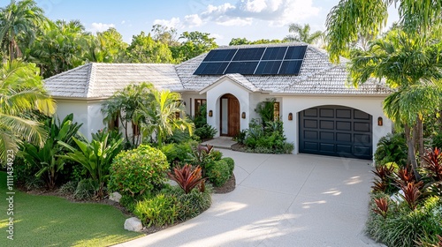 House style modern exterior concept. Beautiful modern home with solar panels, lush landscaping, and a welcoming entrance.