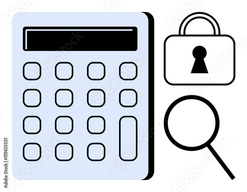 Calculator with keypad, magnifying glass, and padlock with keyhole. Ideal for finance, security, analysis, research, data protection auditing and investigation themes. Line metaphor