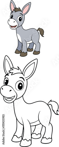 A delightful coloring page featuring a cute horse standing and smiling in a sunny field. Perfect for kids to add their favorite colors and bring this happy scene to life!