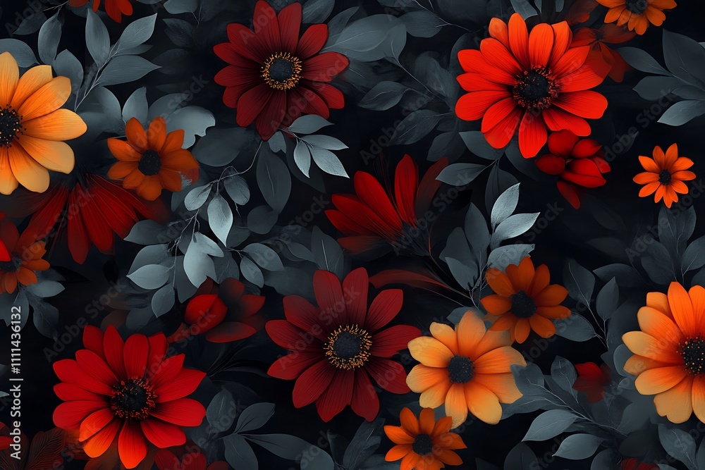 A vibrant floral pattern featuring red, orange, and yellow flowers against a dark background. A vibrant floral pattern featuring red, orange, and yellow flowers against a dark background.