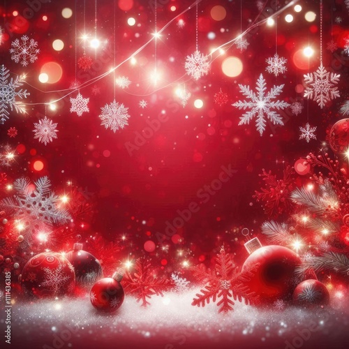 Red Christmas background with snowflakes and bokeh lights design, ai