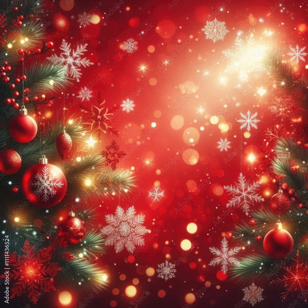 Red Christmas background with snowflakes and bokeh lights design, ai