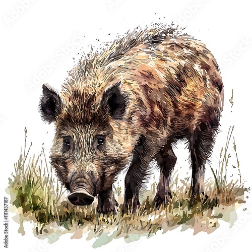 Wallpaper Mural Watercolor Painting of a Wild Boar in a Grassy Meadow. Torontodigital.ca
