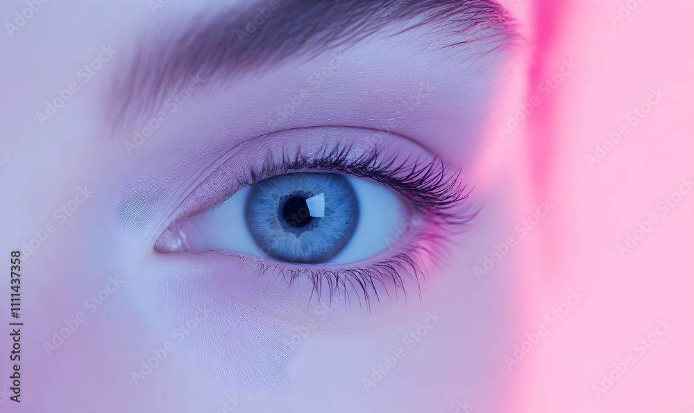 Close-up of a human eye with a tear, illuminated by soft pink light. Close-up of a human eye with a tear, illuminated by soft pink light.