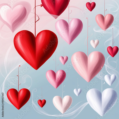 Red, pink and white flying hearts Ai Generated