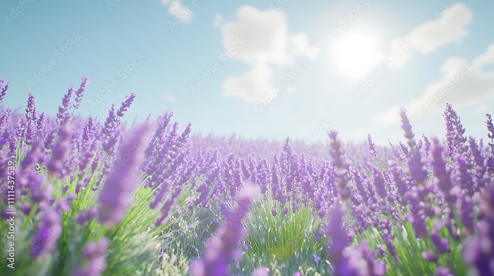 Obraz premium A vibrant lavender field under a bright sky, showcasing nature's beauty and tranquility.