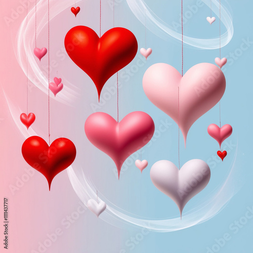 Red, pink and white flying hearts Ai Generated