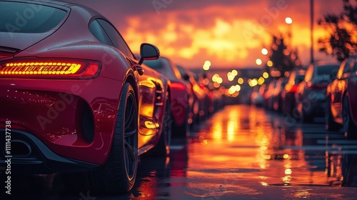 Used car for sale in parking lot under vibrant sunset with focus on red car automotive dealership rental service