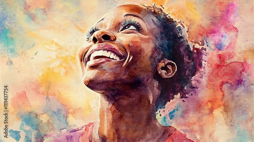 Close-up portrayal of a gospel choir member smiling brightly, eyes lifted toward the light, embodying joy and spirit in soft, harmonious watercolor tones