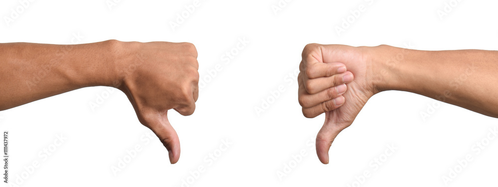 Two male hands showing thumbs down sign isolated on white background Two male hands showing thumbs down sign isolated on white background