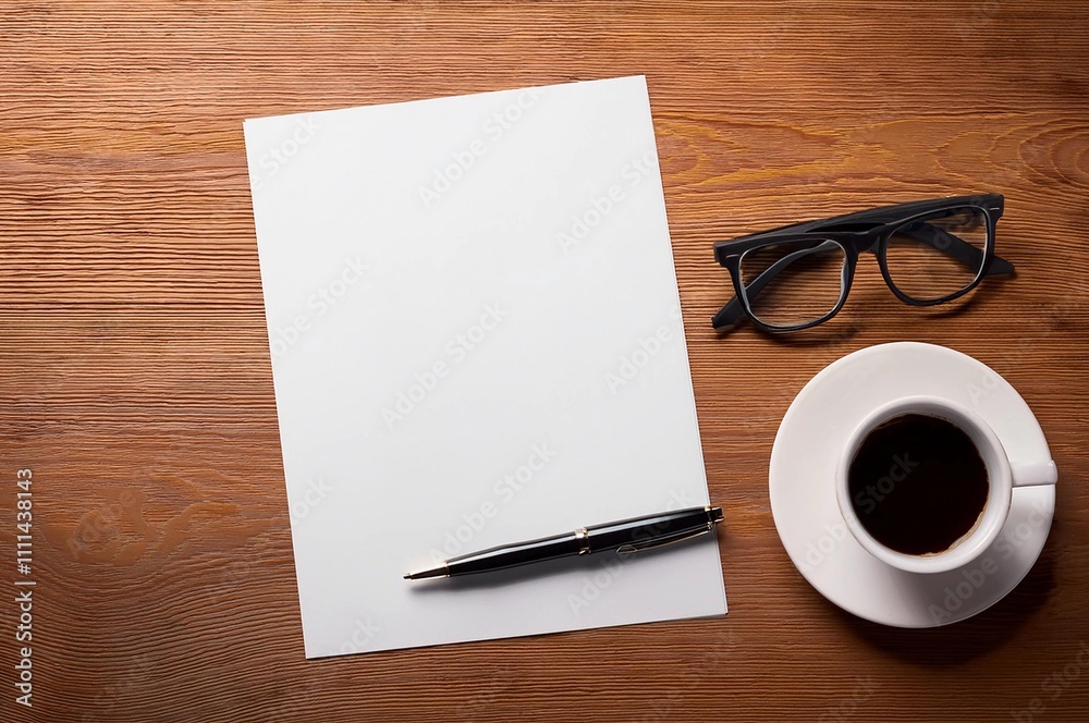 Notebook on office desk with Coffee cup, glasses and pen
Notebook on office desk with Coffee cup, glasses and pen