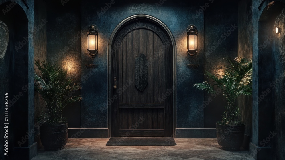 Dark, mysterious wooden door at night with plants. Dark, mysterious wooden door at night with plants.