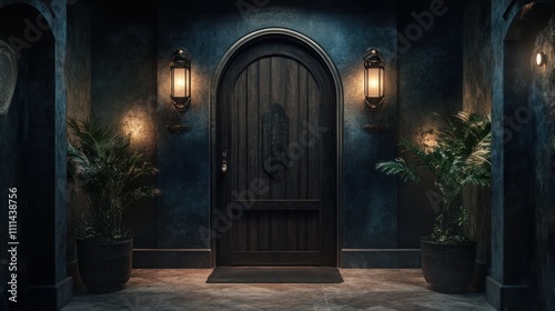 Dark  mysterious wooden door at night with plants.