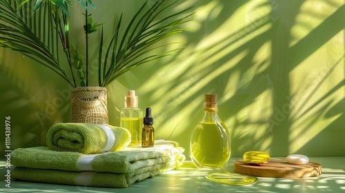 Lemongrass aroma offers organic freshness. Relaxing spa scene with green decor